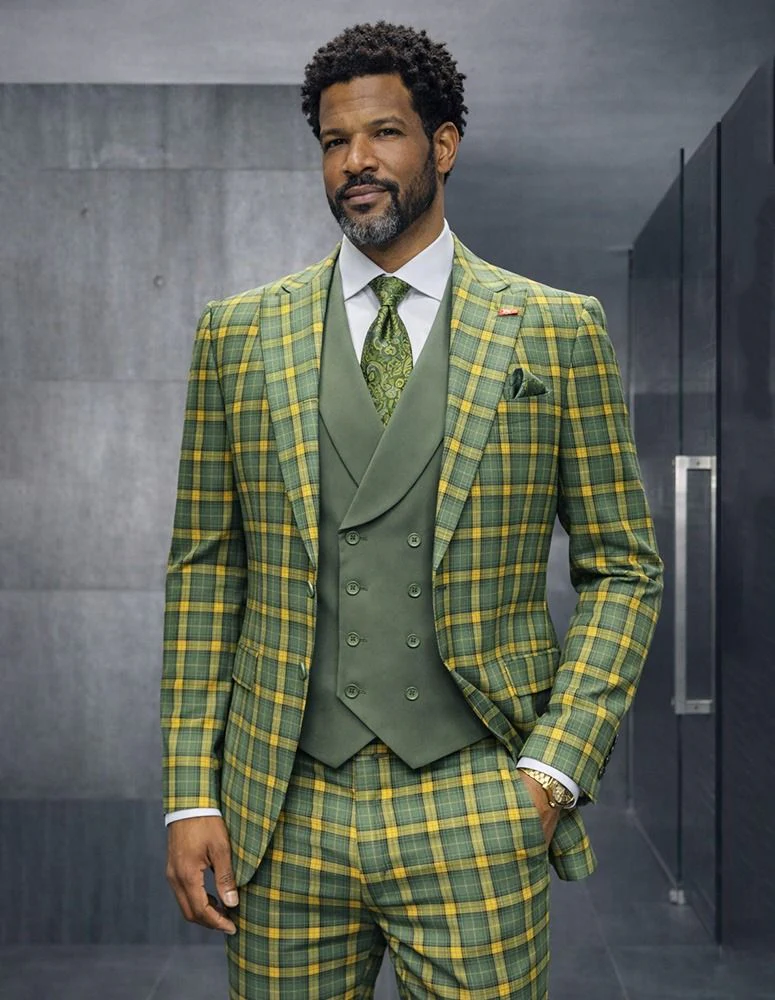 Statement Mens Modern Fit 3 Piece 100% Super 200s Wool Windowpane Plaid Suit – Double Breasted Vest - Image 2