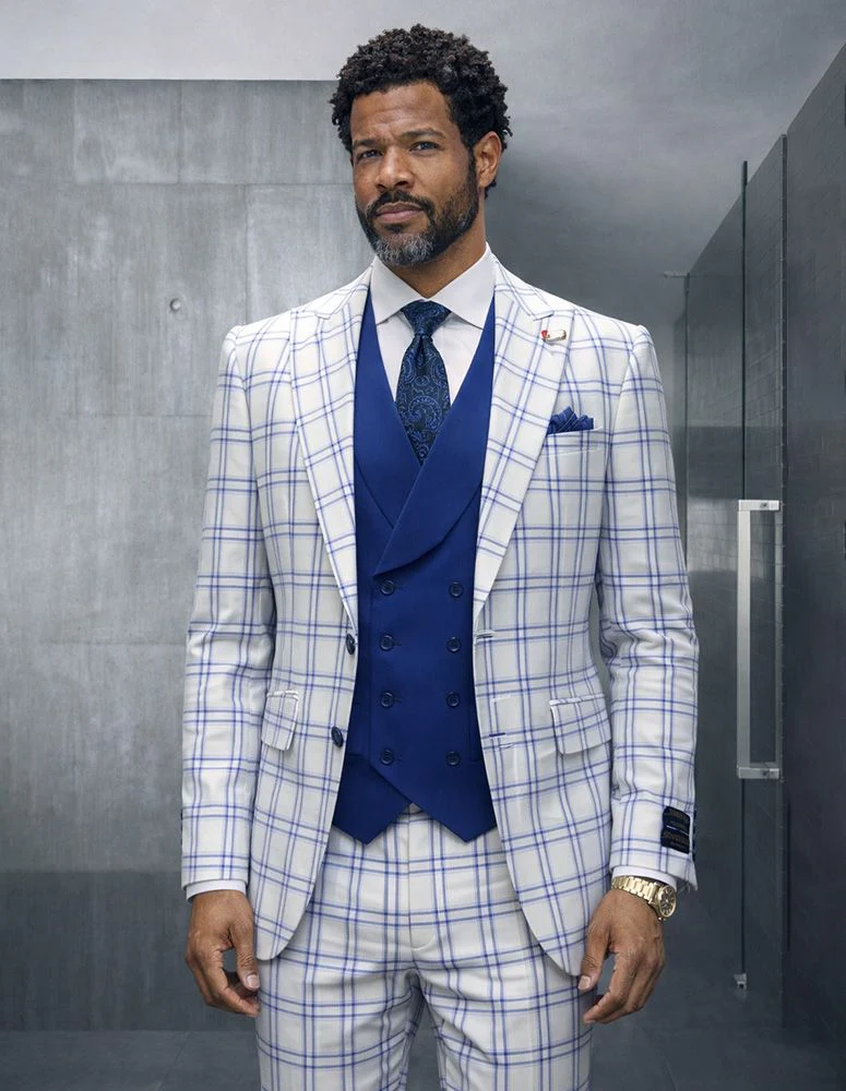 Statement Mens Modern Fit 3 Piece 100% Super Wool Windowpane Suit – Double Breasted Vest, Peak Lapel - Image 2