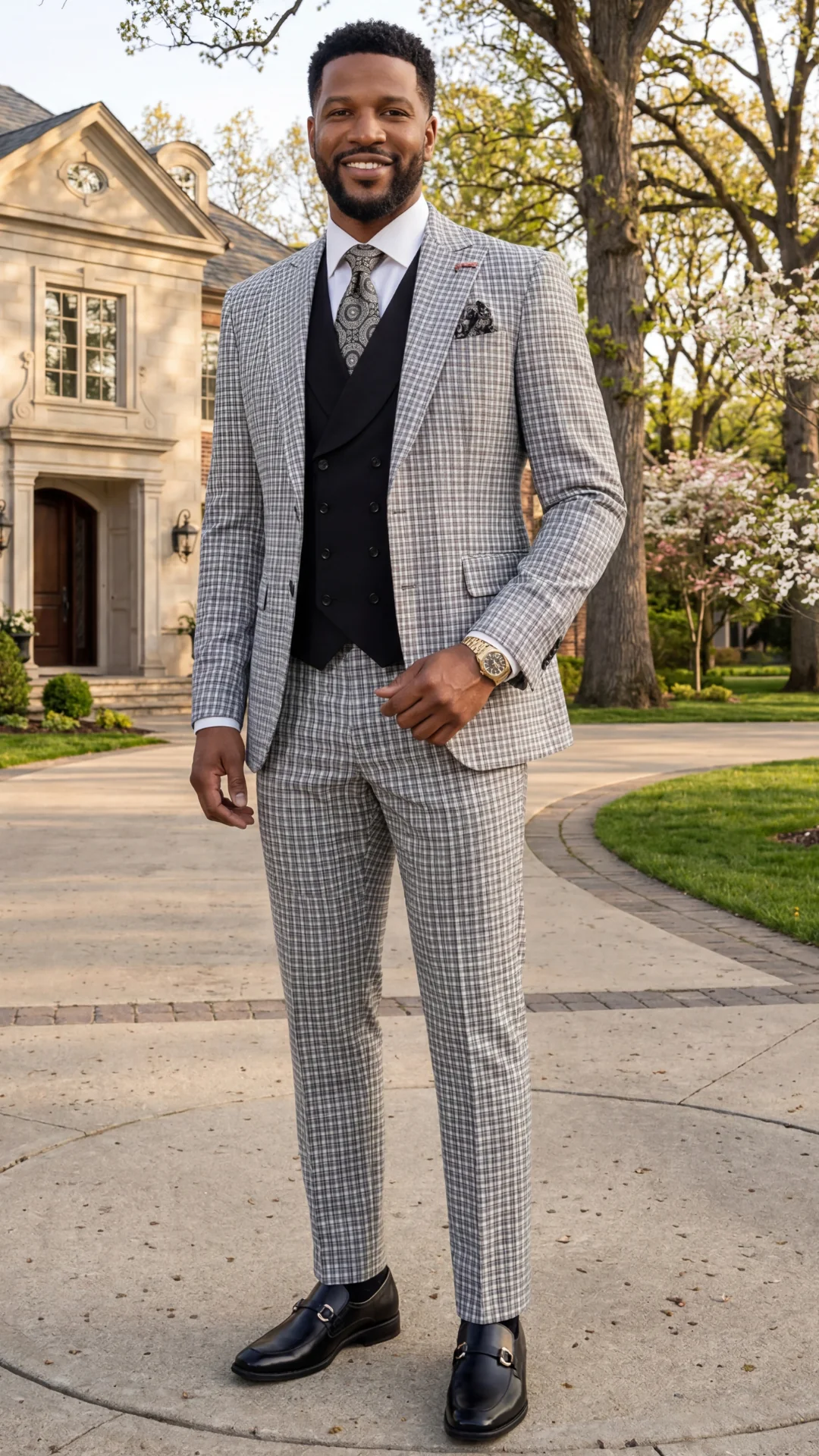 Statement Men's Modern Fit 3 Piece 100% Wool Gingham Suit – Peak Lapel, Double Breasted Vest - Image 2