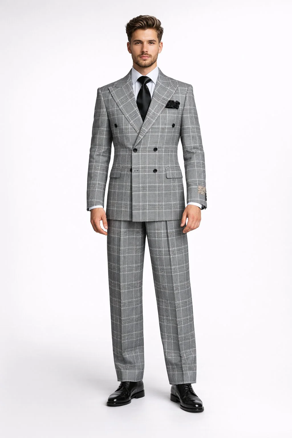 Suits With Baggy Pleated Pants - Wide Leg Pants 100% Wool - Classic Fit in Black and White Plaid Color by Rossiman
