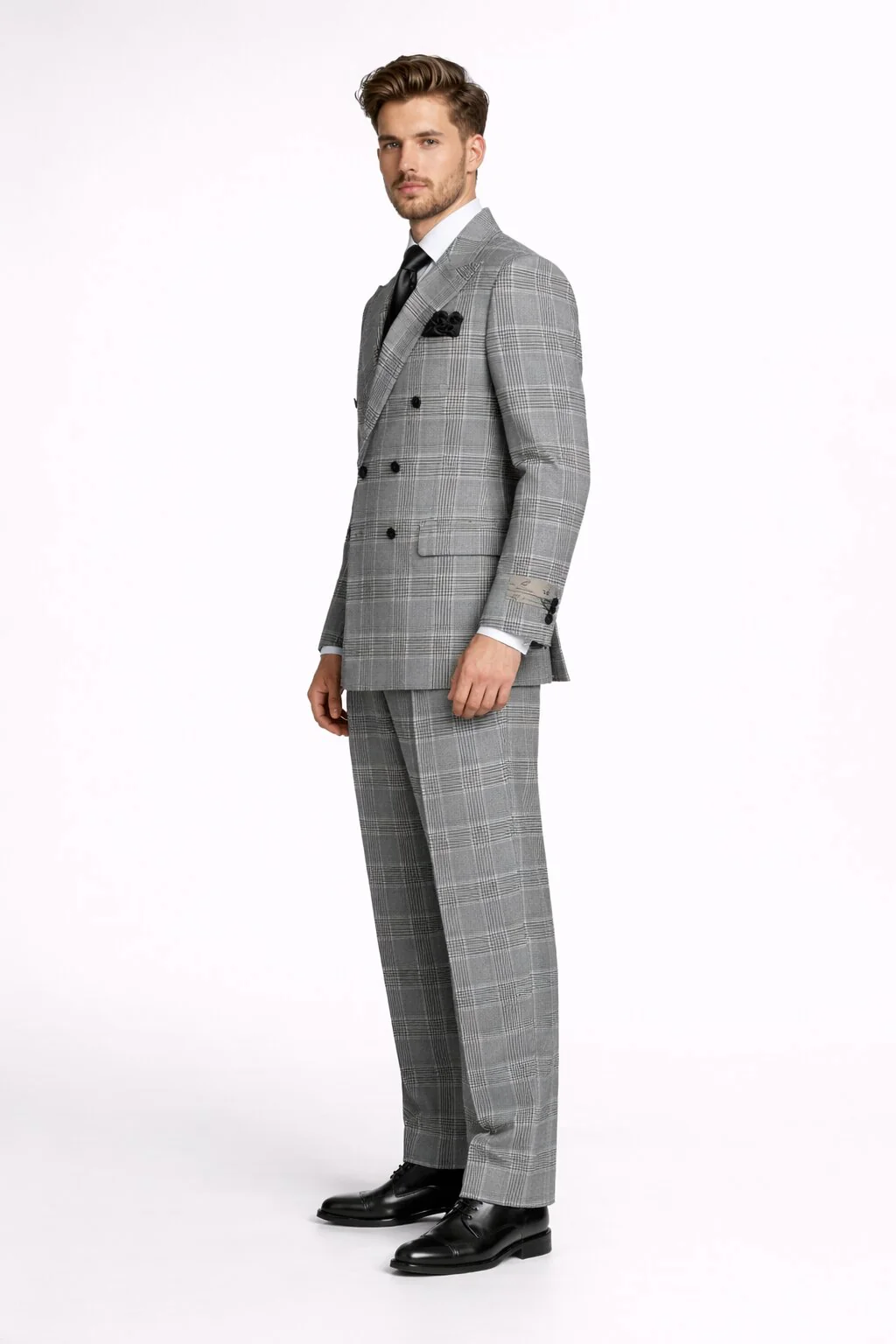 Suits With Baggy Pleated Pants - Wide Leg Pants 100% Wool - Classic Fit in Black and White Plaid Color by Rossiman - Image 3