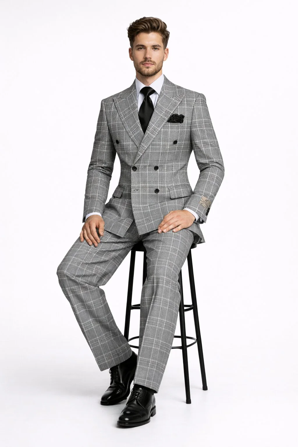 Suits With Baggy Pleated Pants - Wide Leg Pants 100% Wool - Classic Fit in Black and White Plaid Color by Rossiman - Image 4