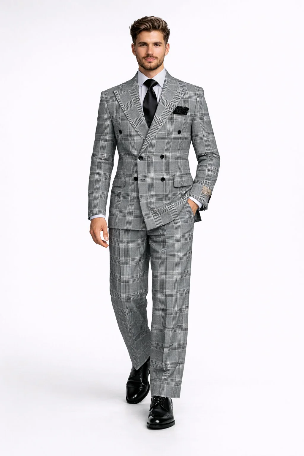 Suits With Baggy Pleated Pants - Wide Leg Pants 100% Wool - Classic Fit in Black and White Plaid Color by Rossiman - Image 5