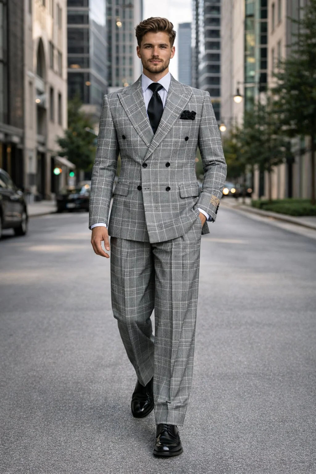 Suits With Baggy Pleated Pants - Wide Leg Pants 100% Wool - Classic Fit in Black and White Plaid Color by Rossiman - Image 7