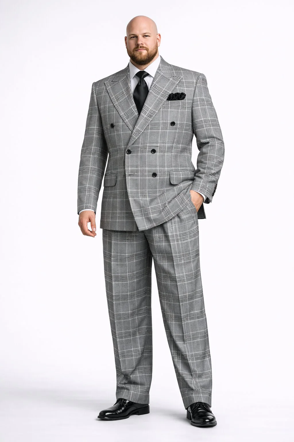 Suits With Baggy Pleated Pants - Wide Leg Pants 100% Wool - Classic Fit in Black and White Plaid Color by Rossiman - Image 8