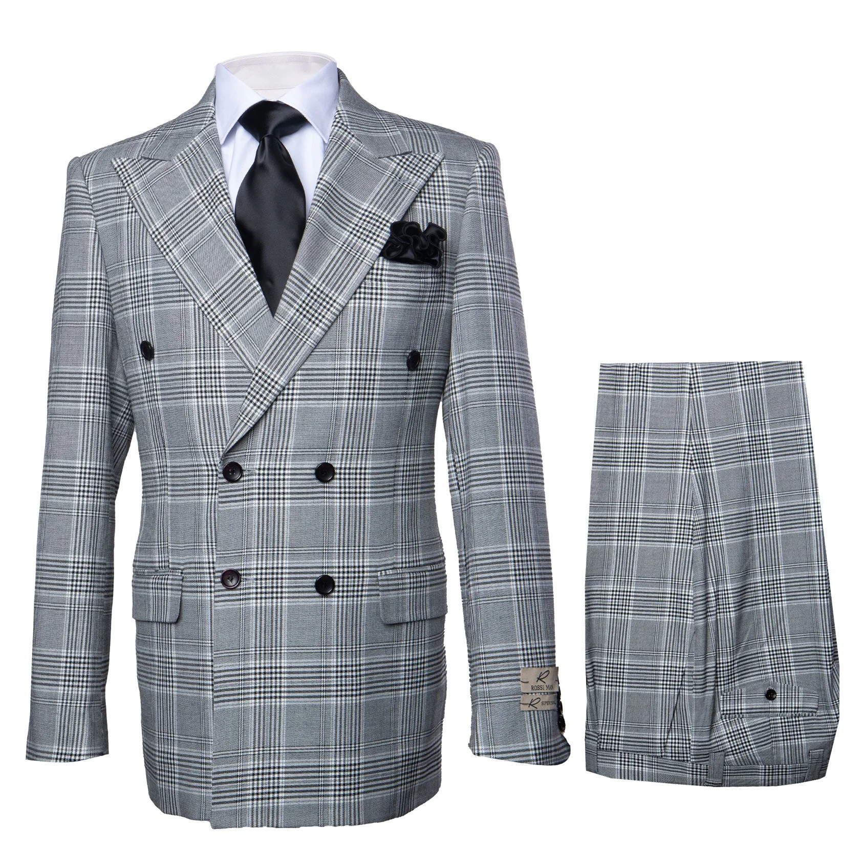 Suits With Baggy Pleated Pants - Wide Leg Pants 100% Wool - Classic Fit in Black and White Plaid Color by Rossiman - Image 9
