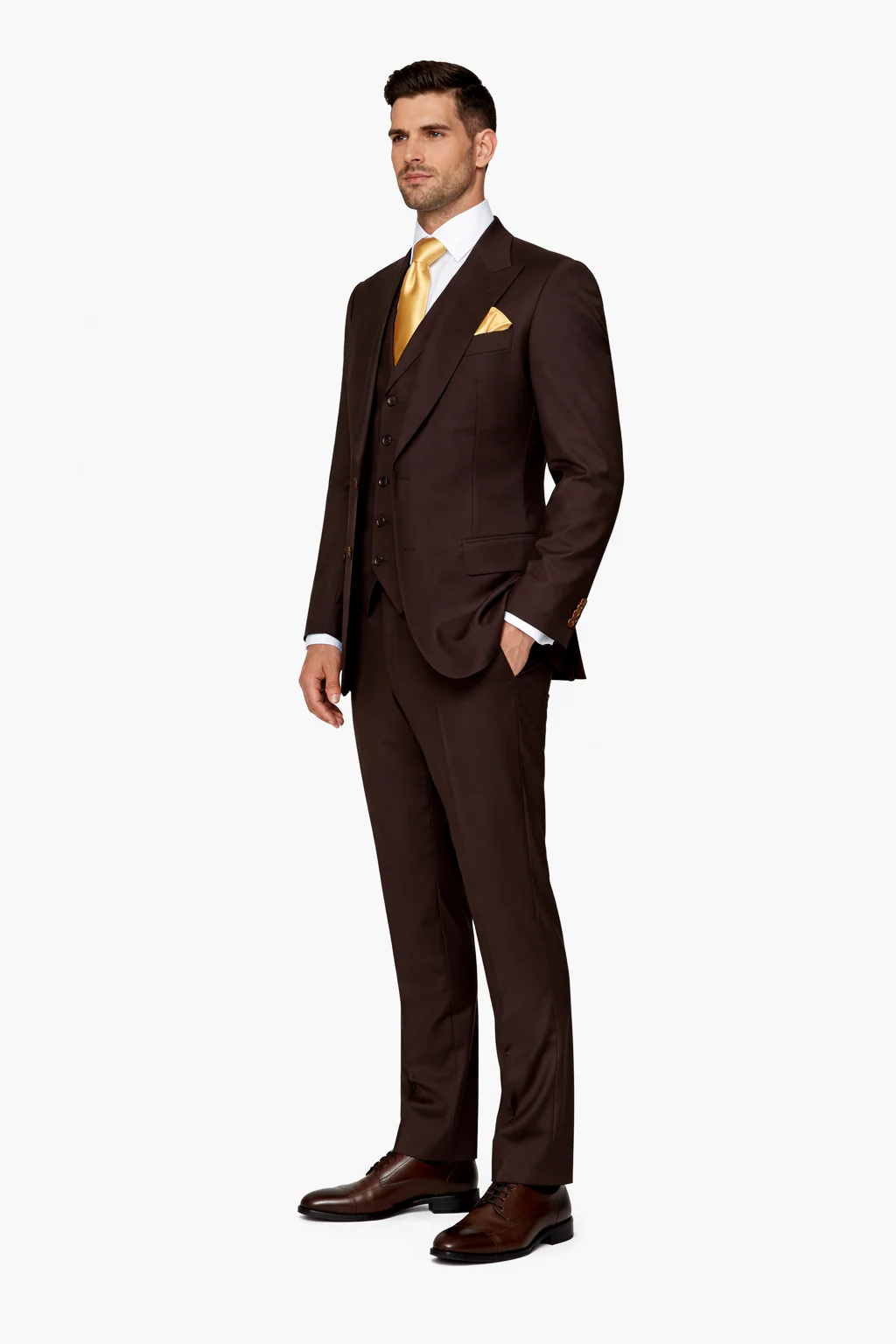 Suits With Baggy Pleated Pants - Wide Leg Pants 100% Wool - Classic Fit in Brown One Button 3 Piece Suit  by Rossiman - Image 3