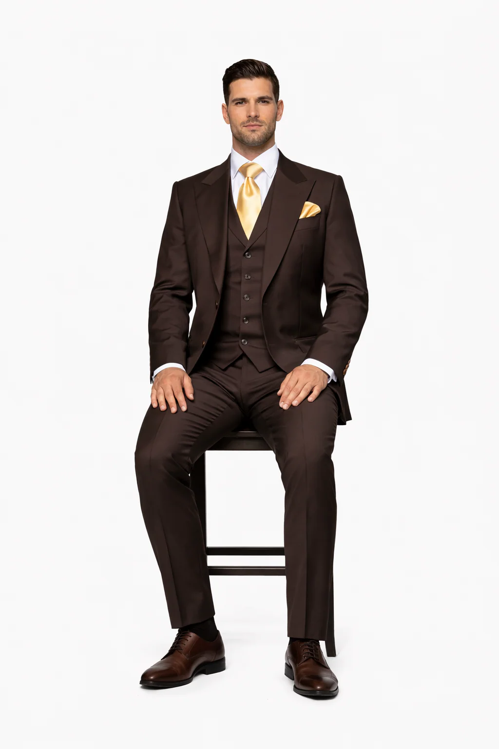 Suits With Baggy Pleated Pants - Wide Leg Pants 100% Wool - Classic Fit in Brown One Button 3 Piece Suit  by Rossiman - Image 4