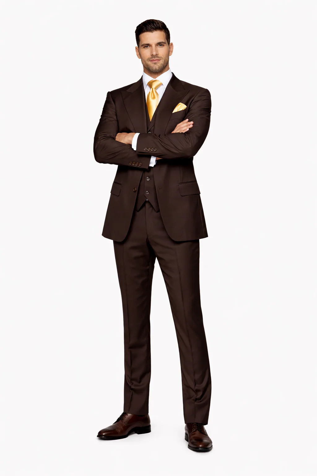 Suits With Baggy Pleated Pants - Wide Leg Pants 100% Wool - Classic Fit in Brown One Button 3 Piece Suit  by Rossiman - Image 5