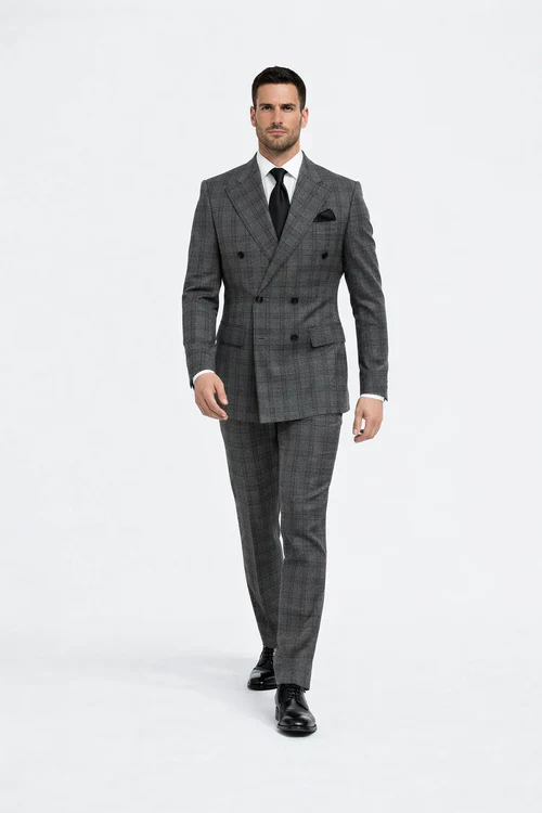 Suits With Baggy Pleated Pants - Wide Leg Pants 100% Wool - Classic Fit in Color Charcoal with Blue Plaid by Rossiman - Image 3
