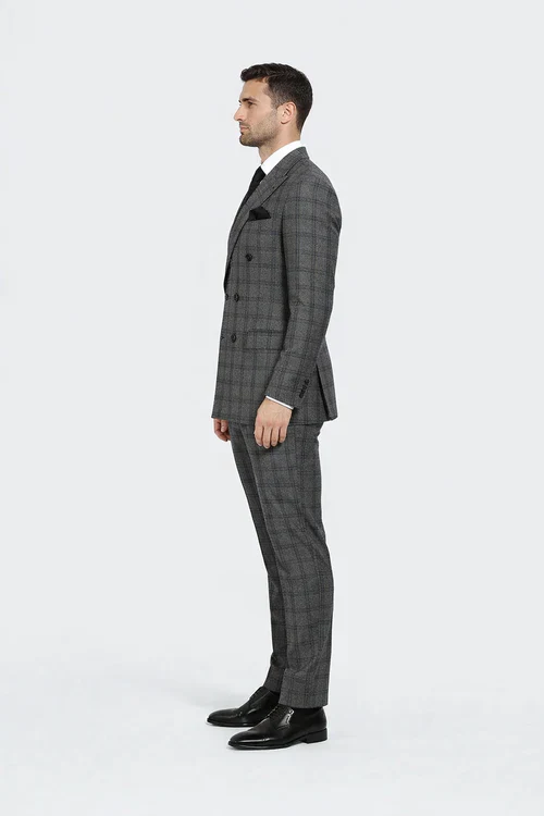 Suits With Baggy Pleated Pants - Wide Leg Pants 100% Wool - Classic Fit in Color Charcoal with Blue Plaid by Rossiman - Image 4