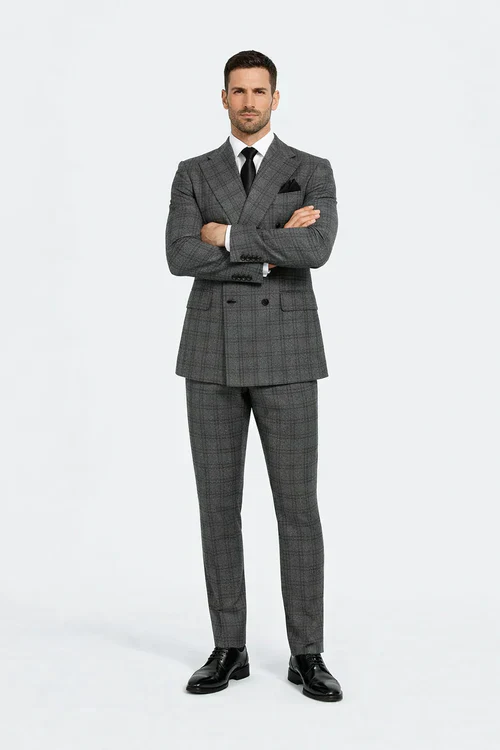 Suits With Baggy Pleated Pants - Wide Leg Pants 100% Wool - Classic Fit in Color Charcoal with Blue Plaid by Rossiman - Image 5