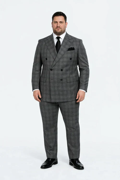 Suits With Baggy Pleated Pants - Wide Leg Pants 100% Wool - Classic Fit in Color Charcoal with Blue Plaid by Rossiman - Image 6