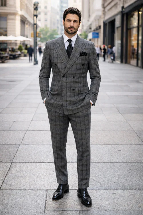 Suits With Baggy Pleated Pants - Wide Leg Pants 100% Wool - Classic Fit in Color Charcoal with Blue Plaid by Rossiman - Image 7
