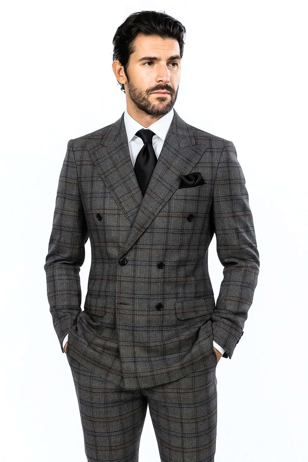Suits With Baggy Pleated Pants - Wide Leg Pants 100% Wool - Classic Fit in Color Charcoal with Blue Plaid by Rossiman - Image 9