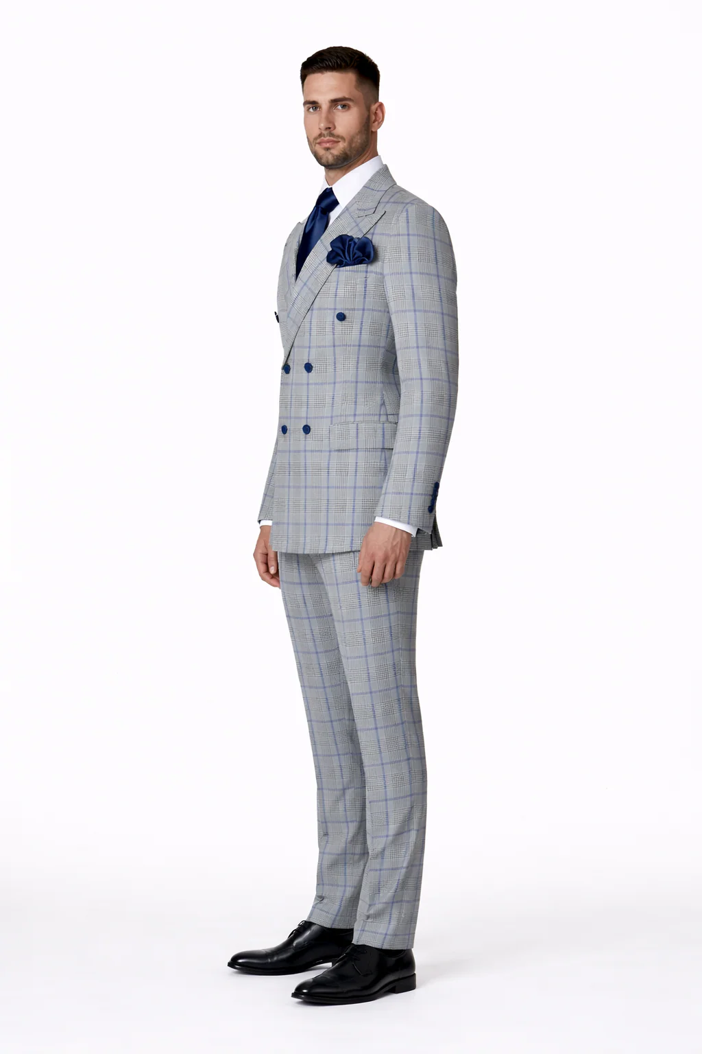 Suits With Baggy Pleated Pants - Wide Leg Pants 100% Wool - Classic Fit in Color Grey with Blue Plaid by Rossiman - Image 3