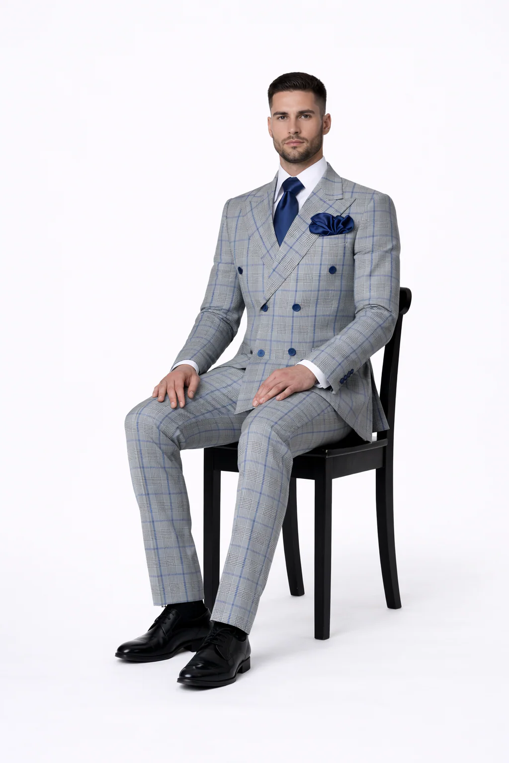 Suits With Baggy Pleated Pants - Wide Leg Pants 100% Wool - Classic Fit in Color Grey with Blue Plaid by Rossiman - Image 4