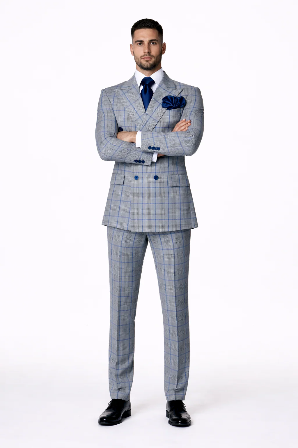 Suits With Baggy Pleated Pants - Wide Leg Pants 100% Wool - Classic Fit in Color Grey with Blue Plaid by Rossiman - Image 5