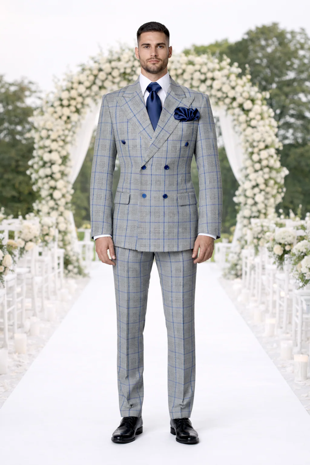 Suits With Baggy Pleated Pants - Wide Leg Pants 100% Wool - Classic Fit in Color Grey with Blue Plaid by Rossiman - Image 6