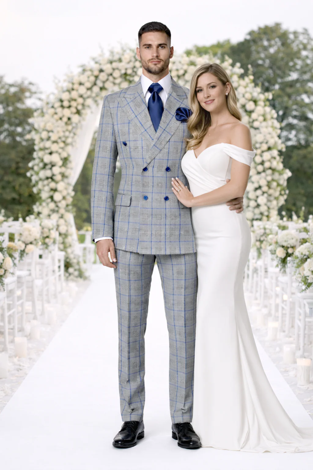 Suits With Baggy Pleated Pants - Wide Leg Pants 100% Wool - Classic Fit in Color Grey with Blue Plaid by Rossiman - Image 7