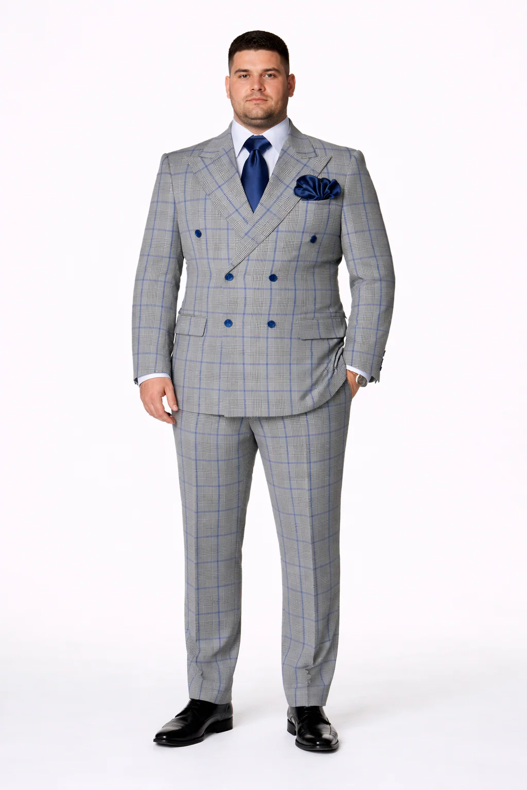 Suits With Baggy Pleated Pants - Wide Leg Pants 100% Wool - Classic Fit in Color Grey with Blue Plaid by Rossiman - Image 8