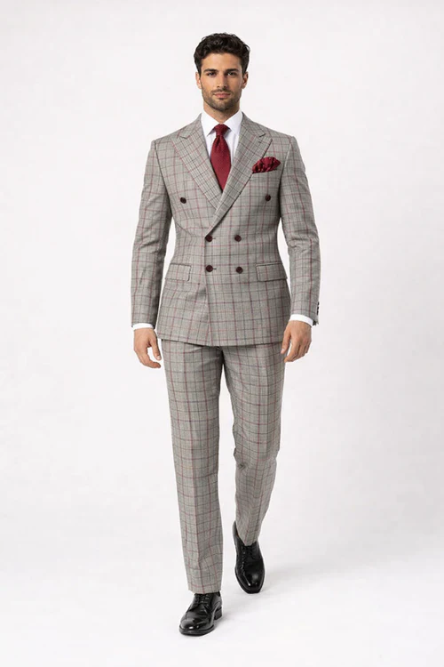 Suits With Baggy Pleated Pants - Wide Leg Pants 100% Wool - Classic Fit in Color Grey with Red Plaid by Rossiman - Image 3