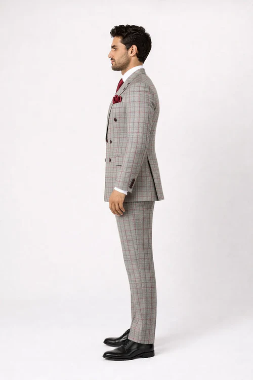 Suits With Baggy Pleated Pants - Wide Leg Pants 100% Wool - Classic Fit in Color Grey with Red Plaid by Rossiman - Image 4