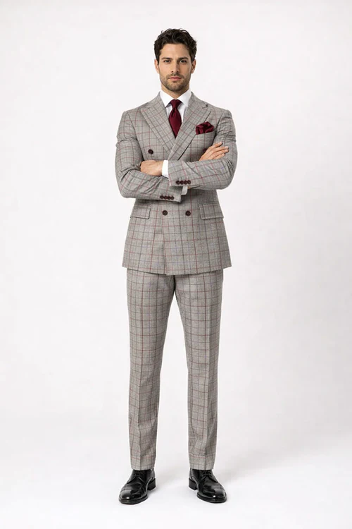 Suits With Baggy Pleated Pants - Wide Leg Pants 100% Wool - Classic Fit in Color Grey with Red Plaid by Rossiman - Image 5