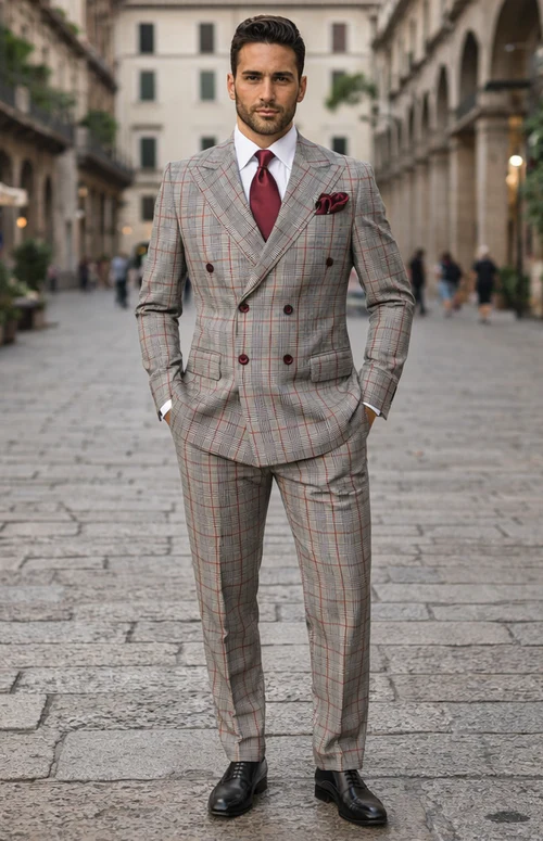 Suits With Baggy Pleated Pants - Wide Leg Pants 100% Wool - Classic Fit in Color Grey with Red Plaid by Rossiman - Image 7