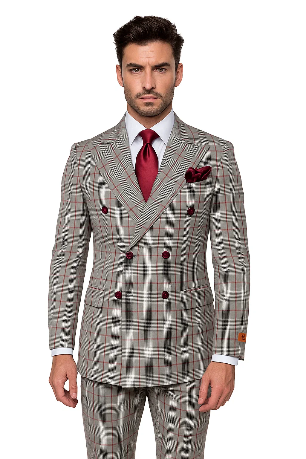 Suits With Baggy Pleated Pants - Wide Leg Pants 100% Wool - Classic Fit in Color Grey with Red Plaid by Rossiman - Image 9
