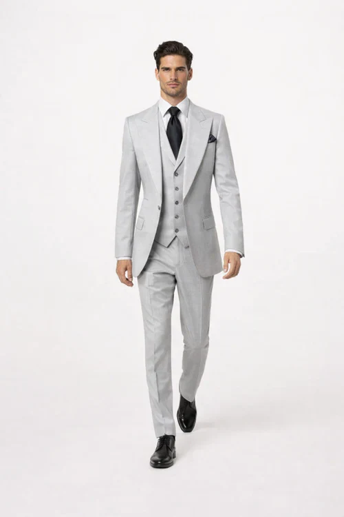 Suits With Baggy Pleated Pants - Wide Leg Pants 100% Wool - Classic Fit in Grey One Button 3 Piece Suit by Rossiman - Image 4