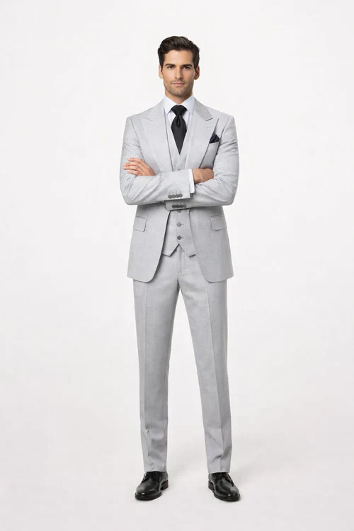 Suits With Baggy Pleated Pants - Wide Leg Pants 100% Wool - Classic Fit in Grey One Button 3 Piece Suit by Rossiman - Image 5