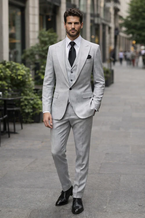 Suits With Baggy Pleated Pants - Wide Leg Pants 100% Wool - Classic Fit in Grey One Button 3 Piece Suit by Rossiman - Image 7