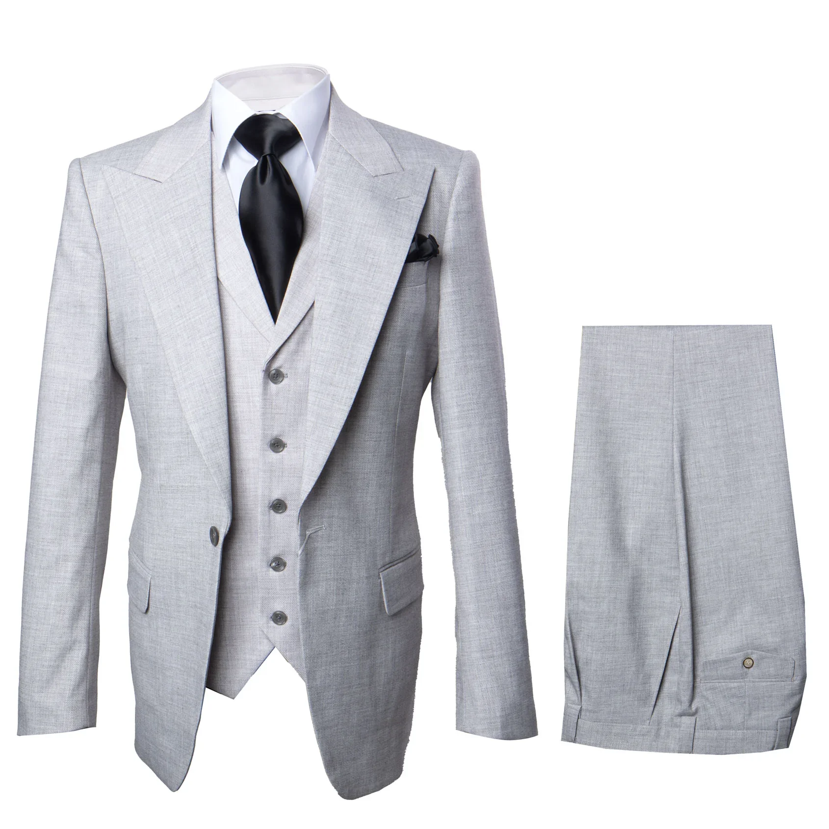 Suits With Baggy Pleated Pants - Wide Leg Pants 100% Wool - Classic Fit in Grey One Button 3 Piece Suit by Rossiman - Image 9