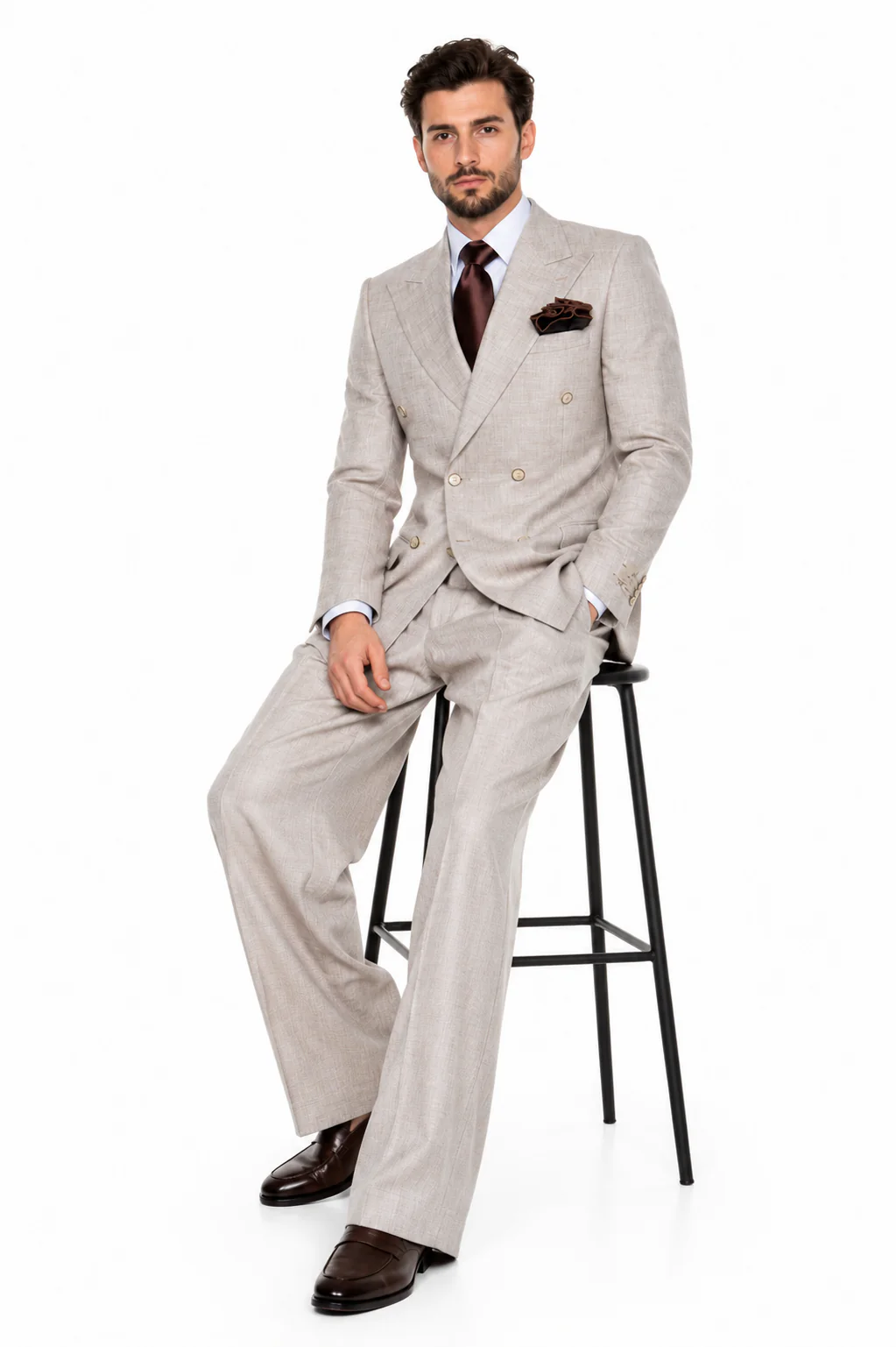 Suits With Baggy Pleated Pants - Wide Leg Pants 100% Wool - Classic Fit in  Light Brown Color by Rossiman - Image 3