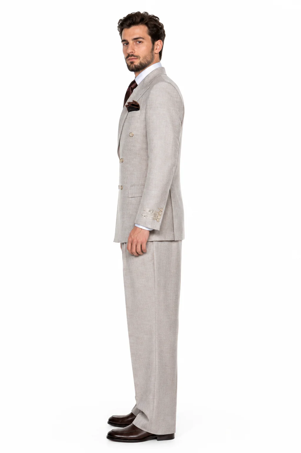 Suits With Baggy Pleated Pants - Wide Leg Pants 100% Wool - Classic Fit in  Light Brown Color by Rossiman - Image 4