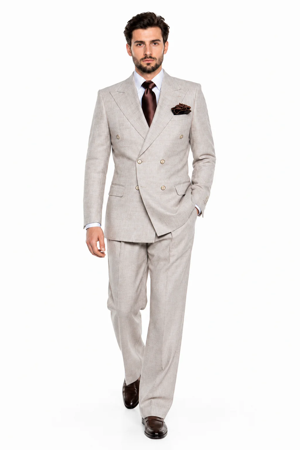 Suits With Baggy Pleated Pants - Wide Leg Pants 100% Wool - Classic Fit in  Light Brown Color by Rossiman - Image 5