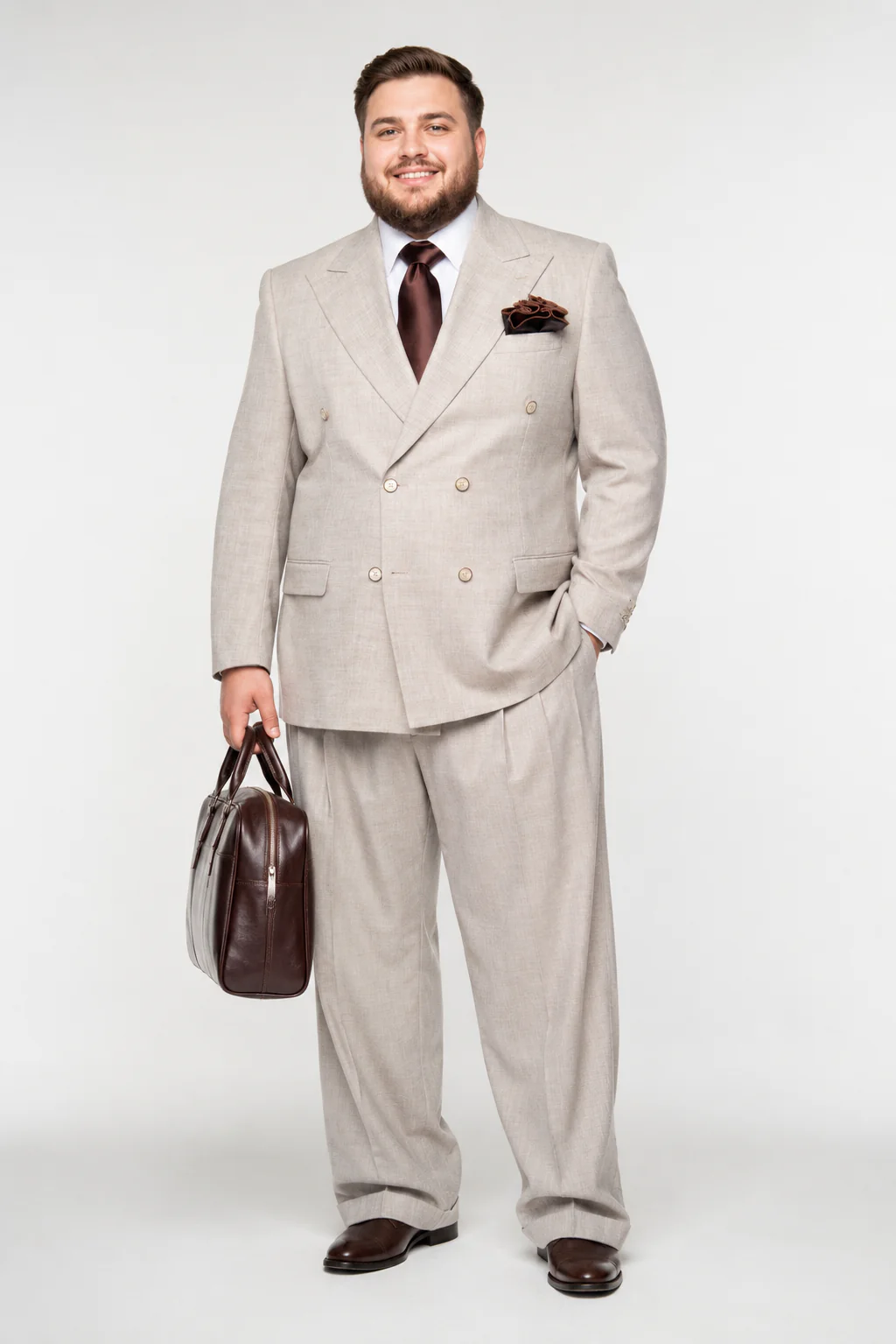 Suits With Baggy Pleated Pants - Wide Leg Pants 100% Wool - Classic Fit in  Light Brown Color by Rossiman - Image 8