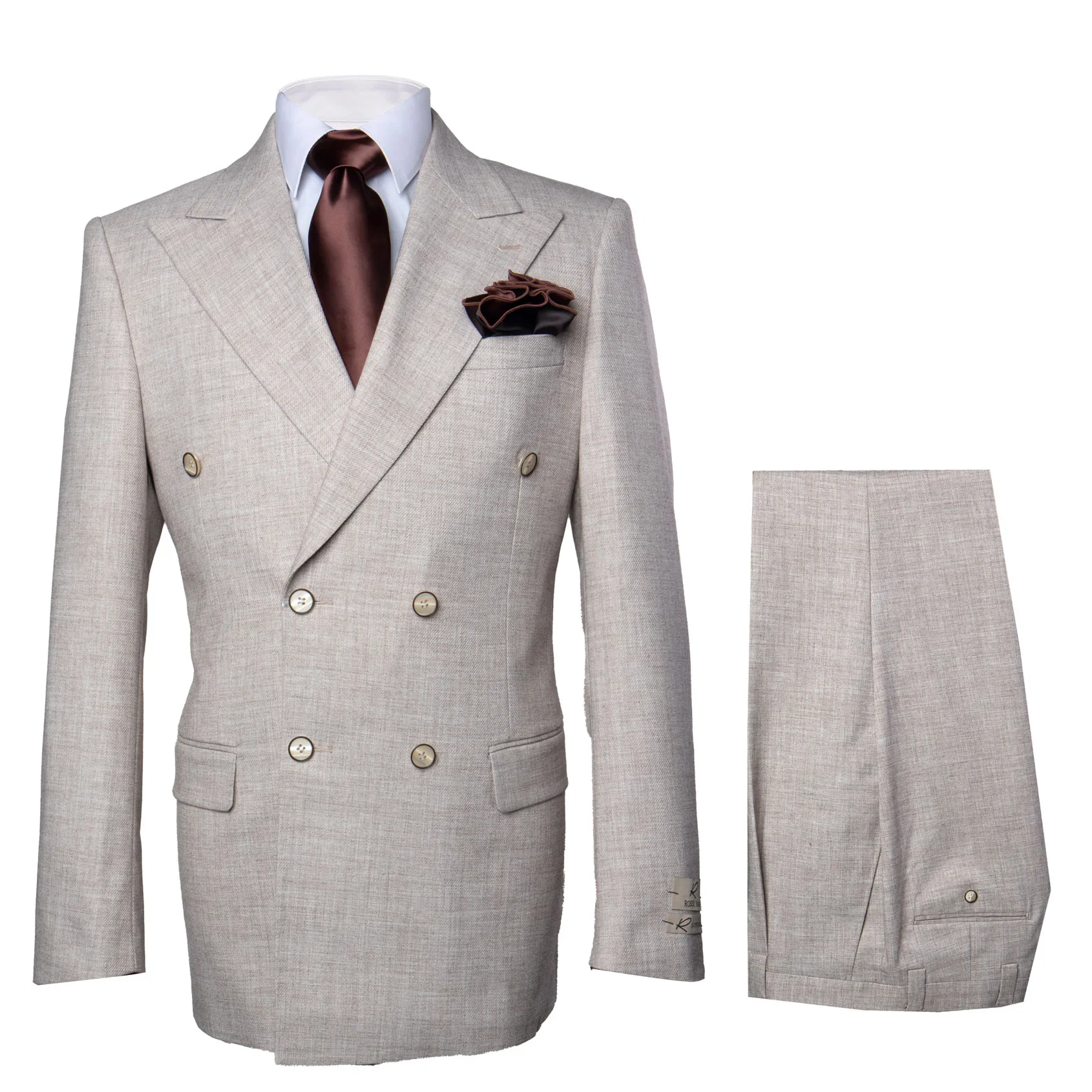 Suits With Baggy Pleated Pants - Wide Leg Pants 100% Wool - Classic Fit in  Light Brown Color by Rossiman - Image 9