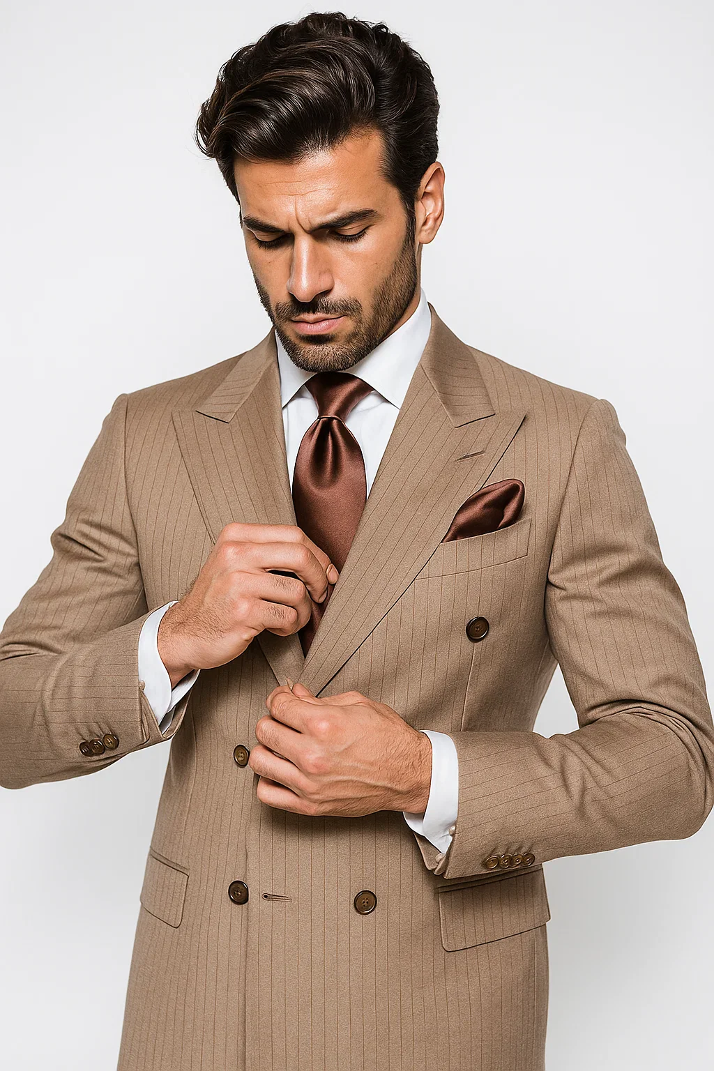Suits With Baggy Pleated Pants - Wide Leg Pants 100% Wool - Classic Fit in Light Brown with Brown Pinstripe Color by Rossiman - Image 2