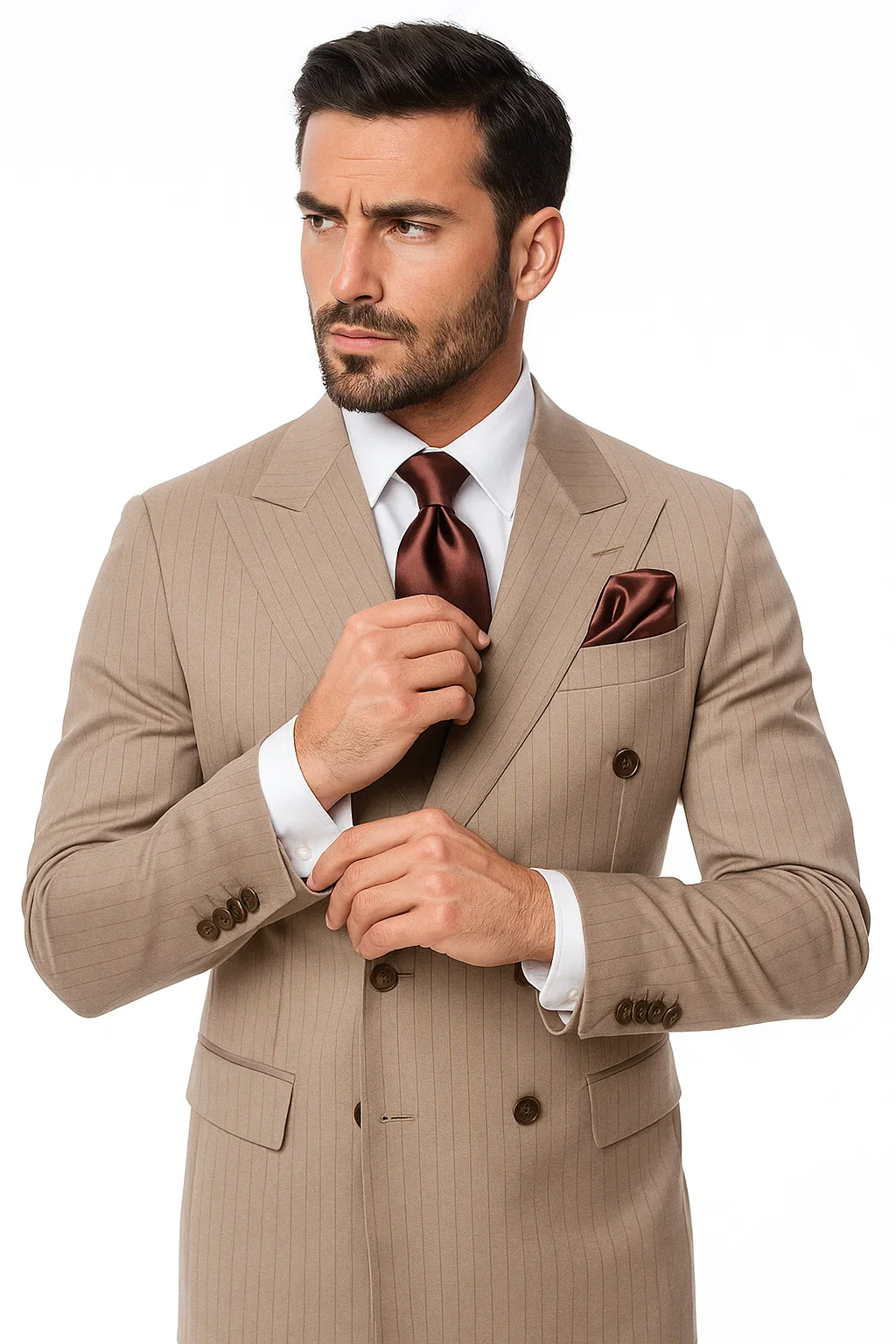 Suits With Baggy Pleated Pants - Wide Leg Pants 100% Wool - Classic Fit in Light Brown with Brown Pinstripe Color by Rossiman - Image 3