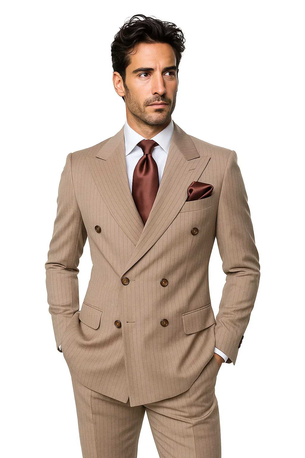 Suits With Baggy Pleated Pants - Wide Leg Pants 100% Wool - Classic Fit in Light Brown with Brown Pinstripe Color by Rossiman - Image 4