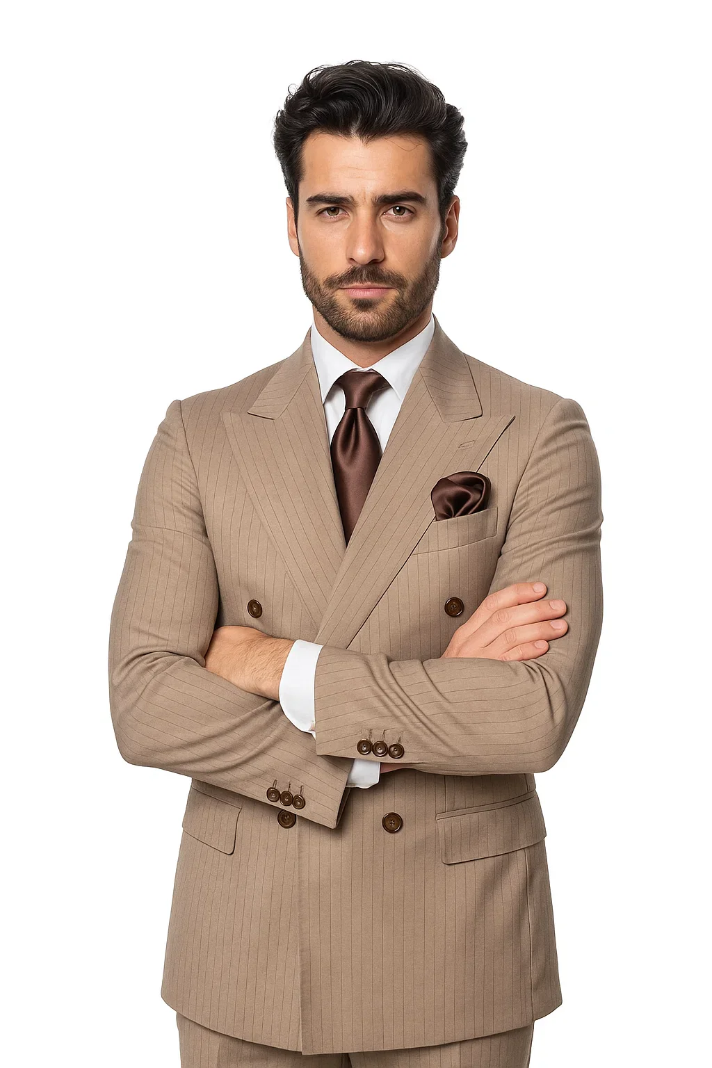Suits With Baggy Pleated Pants - Wide Leg Pants 100% Wool - Classic Fit in Light Brown with Brown Pinstripe Color by Rossiman - Image 5