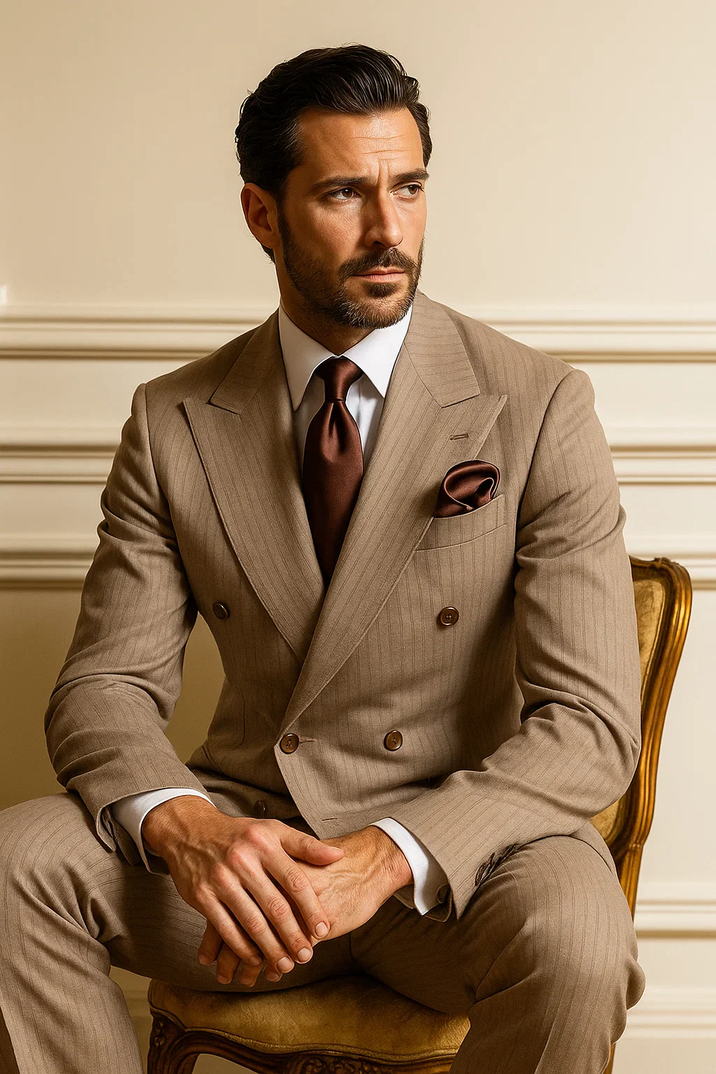 Suits With Baggy Pleated Pants - Wide Leg Pants 100% Wool - Classic Fit in Light Brown with Brown Pinstripe Color by Rossiman - Image 7