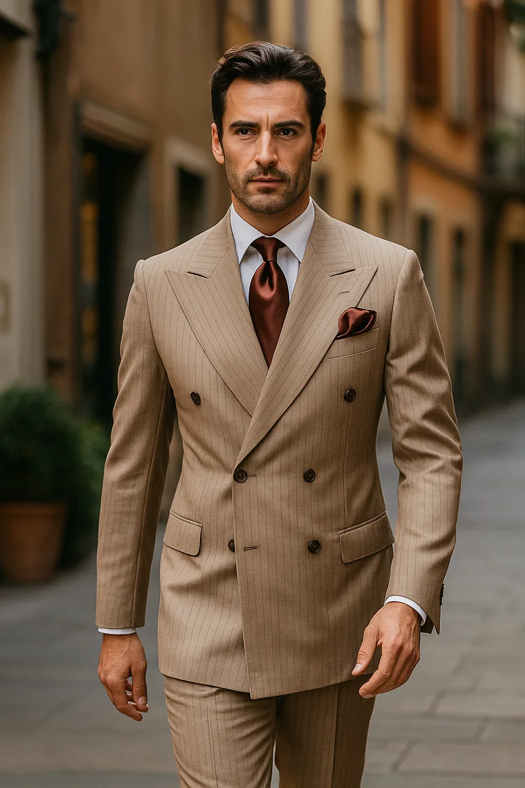 Suits With Baggy Pleated Pants - Wide Leg Pants 100% Wool - Classic Fit in Light Brown with Brown Pinstripe Color by Rossiman - Image 8