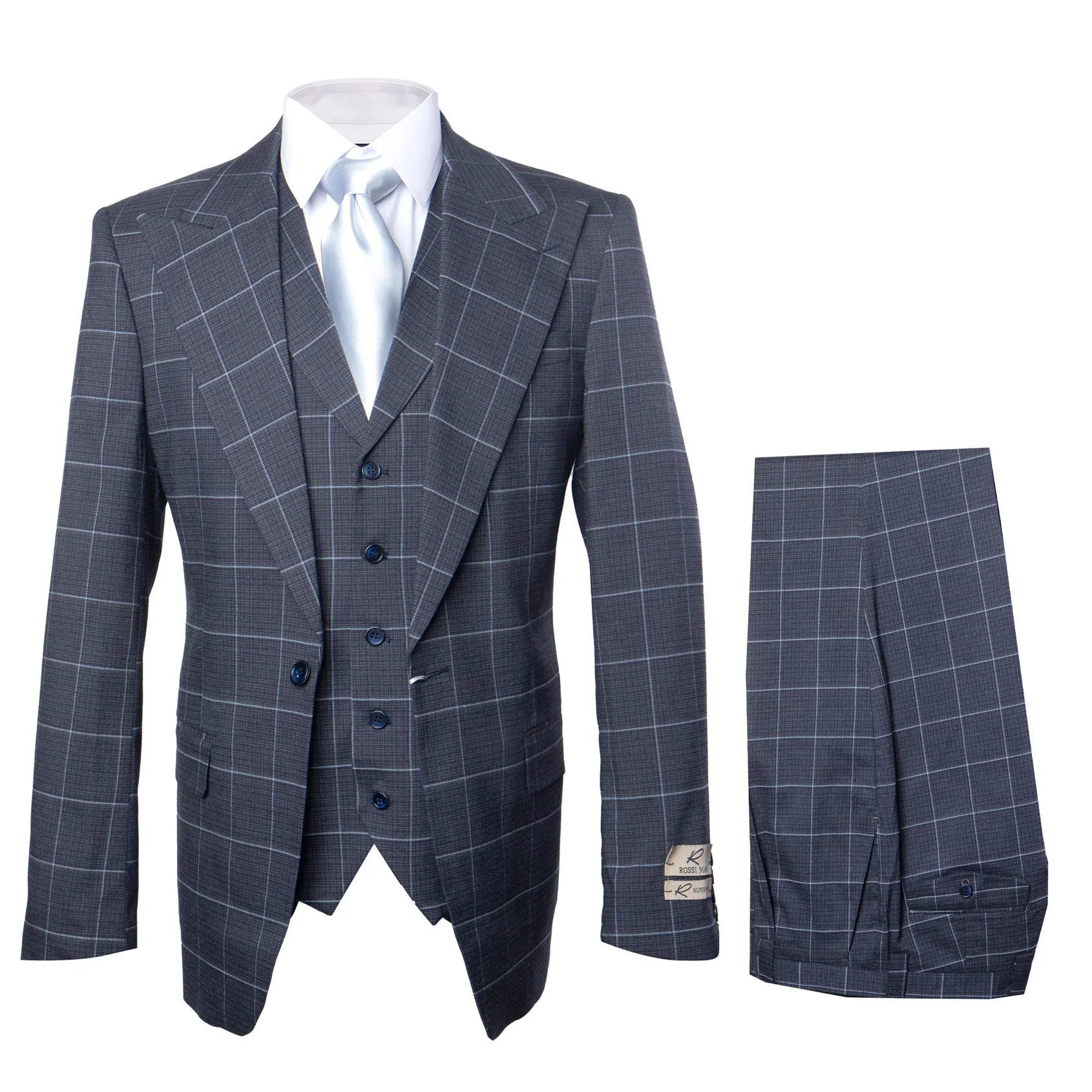 Suits With Baggy Pleated Pants - Wide Leg Pants 100% Wool - Classic Fit in Navy by Rossiman