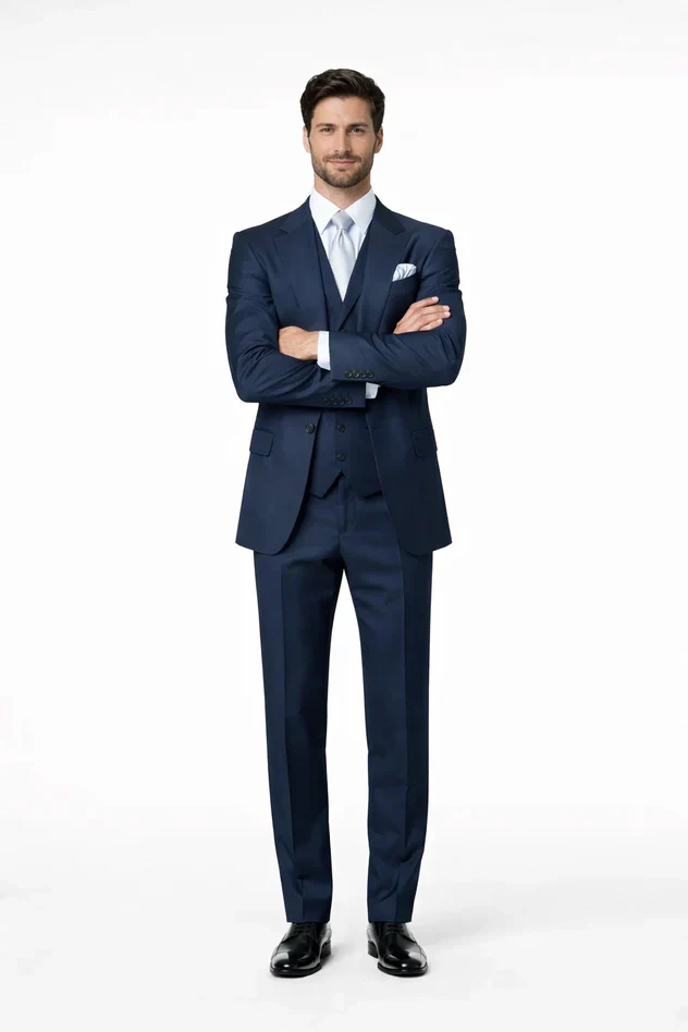 Suits With Baggy Pleated Pants - Wide Leg Pants 100% Wool - Classic Fit in Navy Single Breast Lapel by Rossiman - Image 5