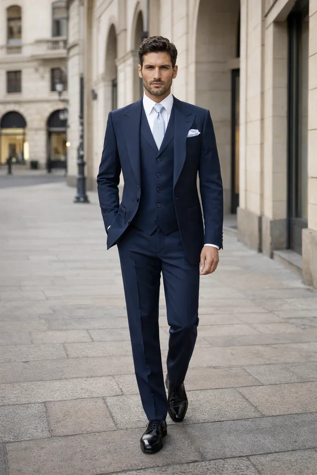 Suits With Baggy Pleated Pants - Wide Leg Pants 100% Wool - Classic Fit in Navy Single Breast Lapel by Rossiman - Image 6