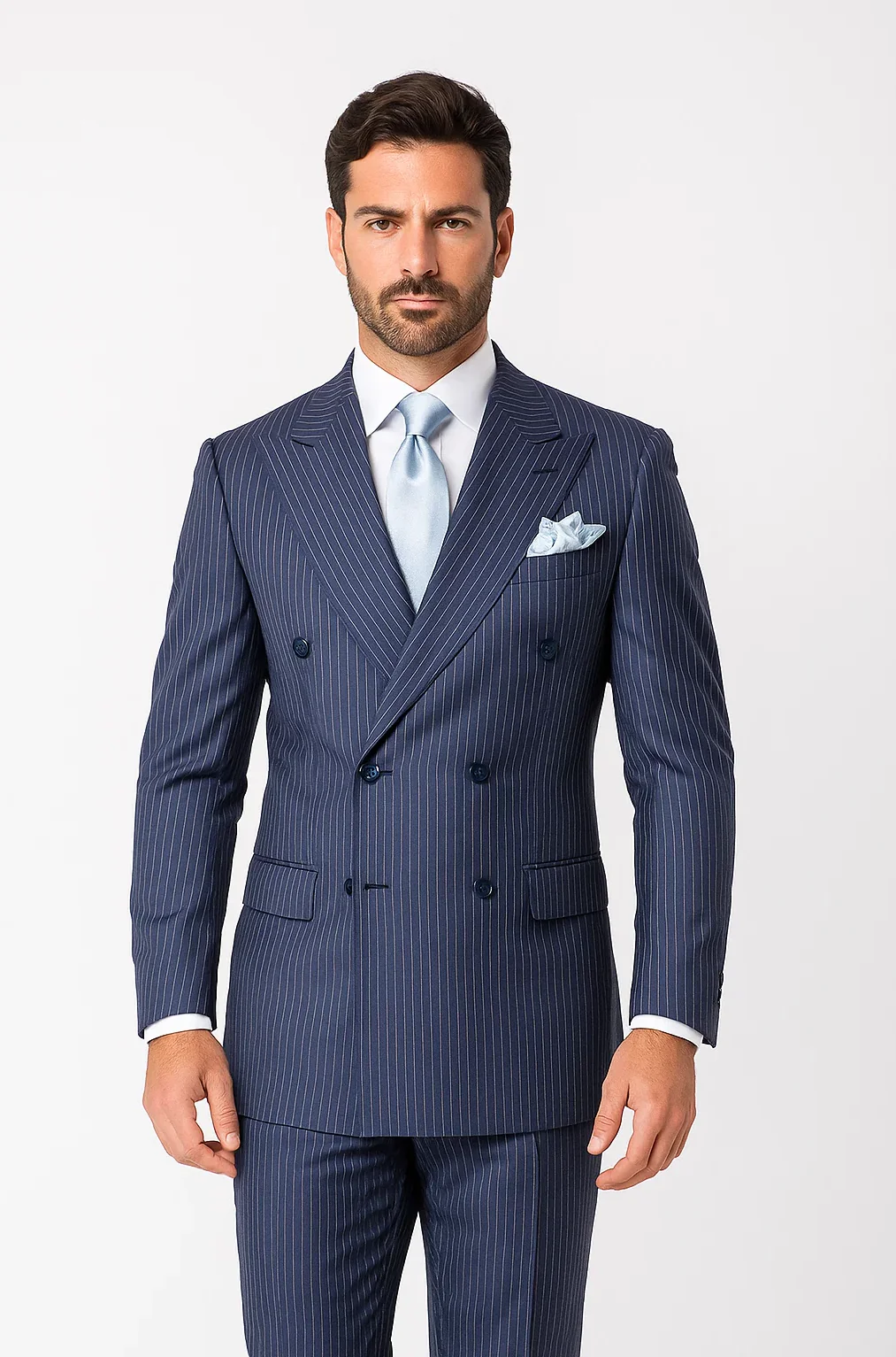 Suits With Baggy Pleated Pants - Wide Leg Pants 100% Wool - Classic Fit in Navy with White Pinstripe Color by Rossiman