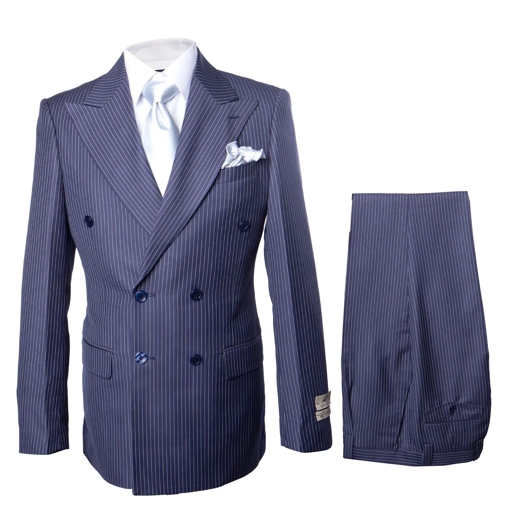 Suits With Baggy Pleated Pants - Wide Leg Pants 100% Wool - Classic Fit in Navy with White Pinstripe Color by Rossiman - Image 2